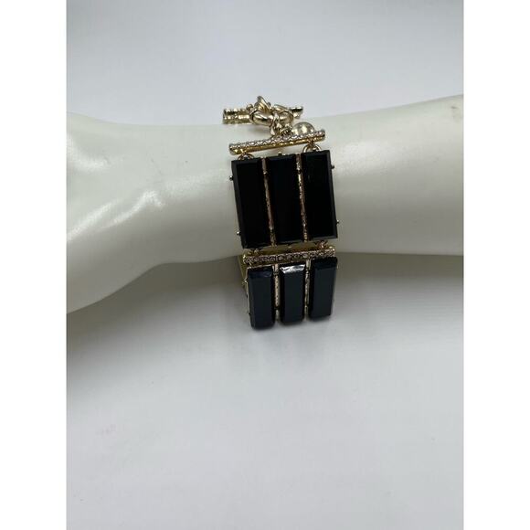 J. CREW Black Triple Row Lucite Rhinestone Brass Statement Bracelet - Picture 5 of 13